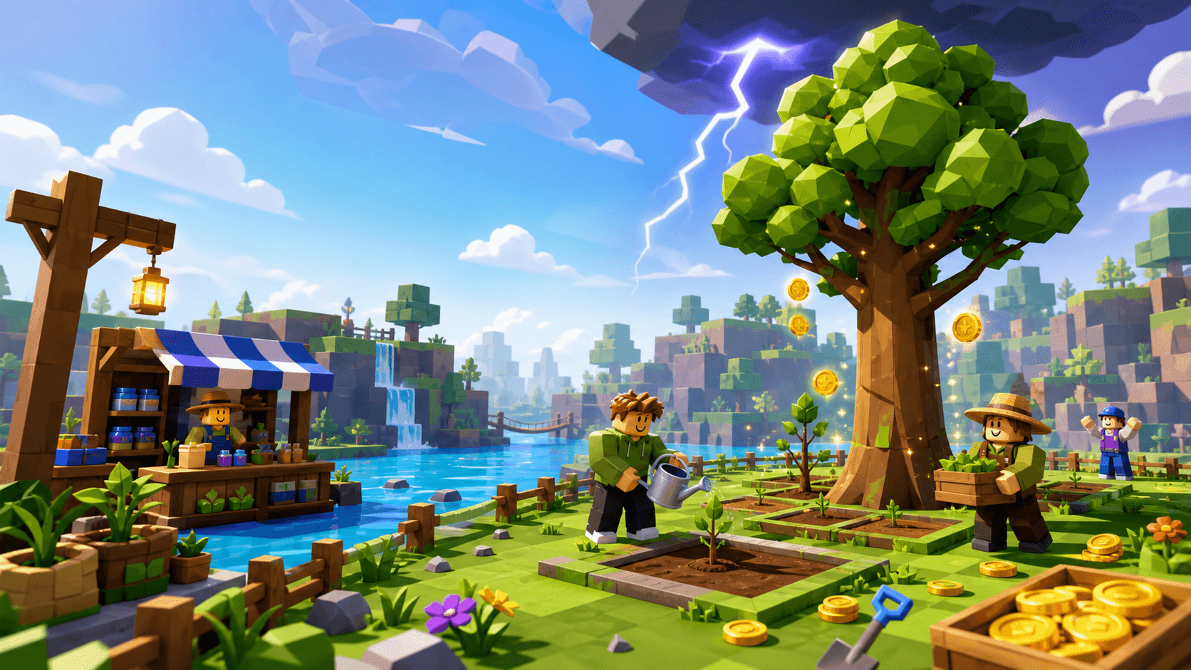 Originales Roblox-artiges Guide-Bild mit Fluss-Samen, Pflanzfeldern, hohem Baum, Münzen und Blitzrisiko